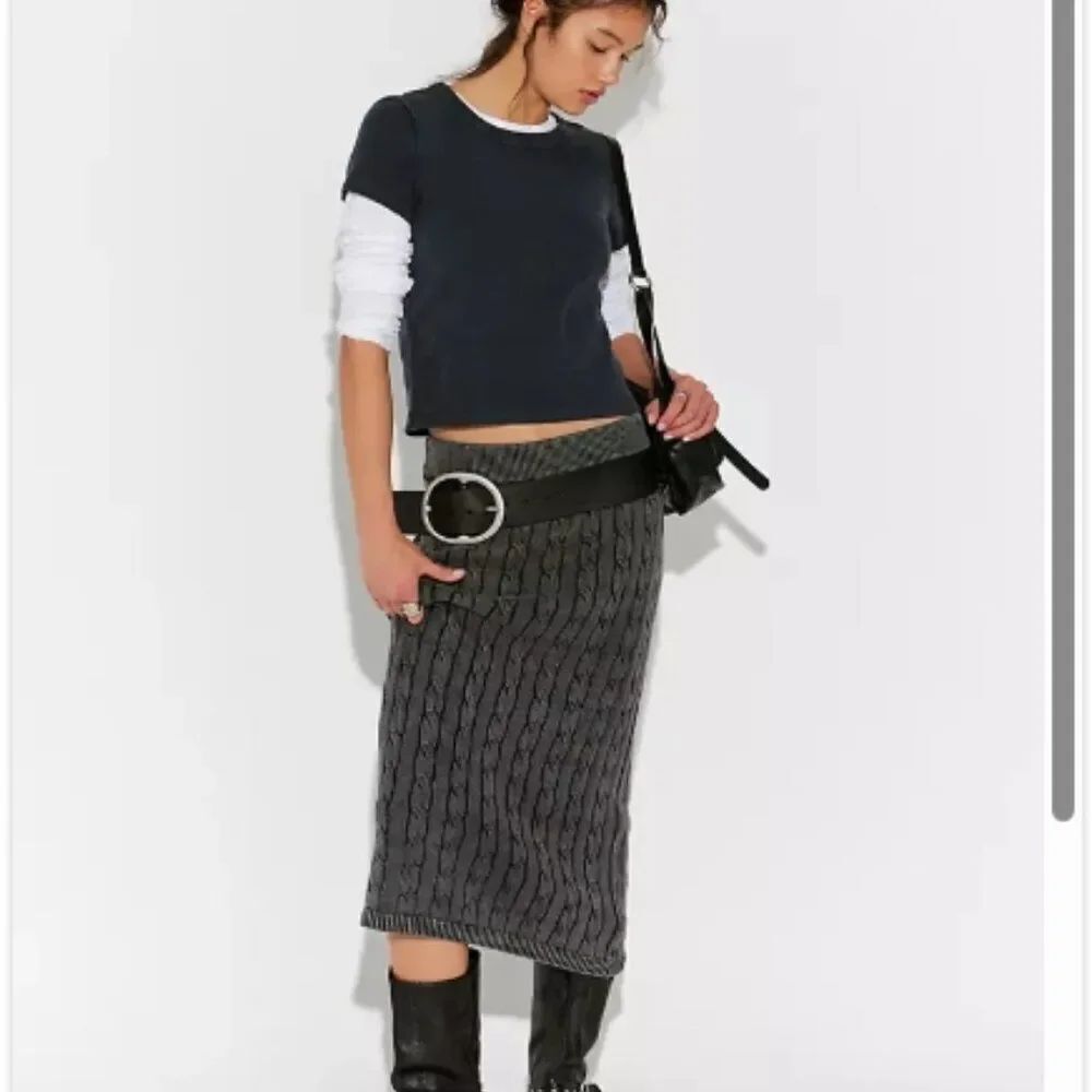 NWT Free People Polo Cable Knit Midi Skirt in Washed Black in Size XS